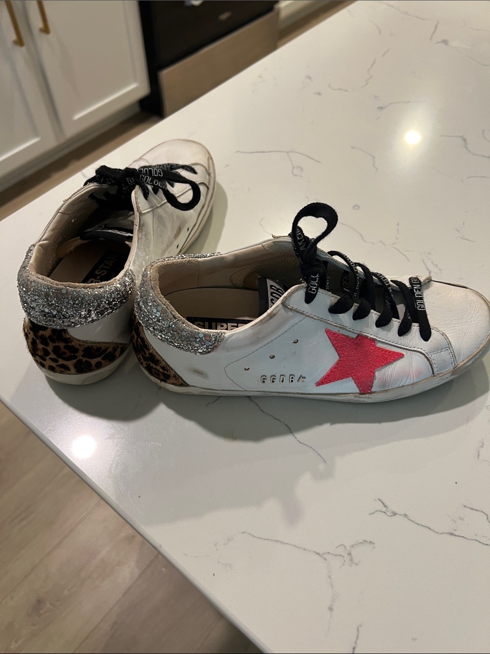 Golden Goose White Sneakers with Pink Star, Leopard & Silver Glitter Heel